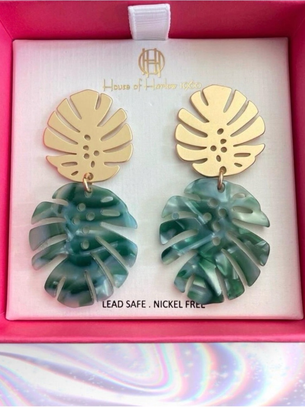 House of Harlow 1960 Gold and Green Monstera Drop Earrings
